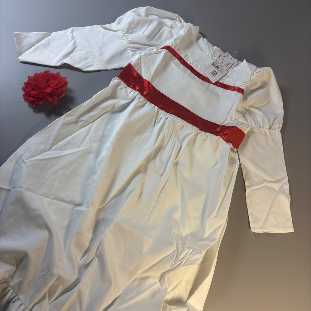 Kids White Long Sleeve Dress with Red Ribbon‎ Trim Size 130 LingQishi
